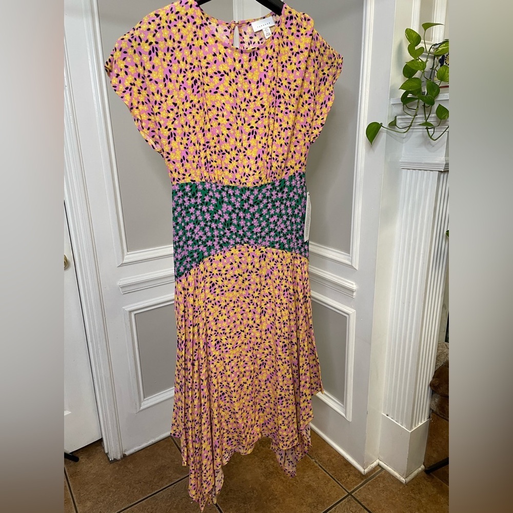 Topshop Asymmetrical Dress in Pink and Green Floral